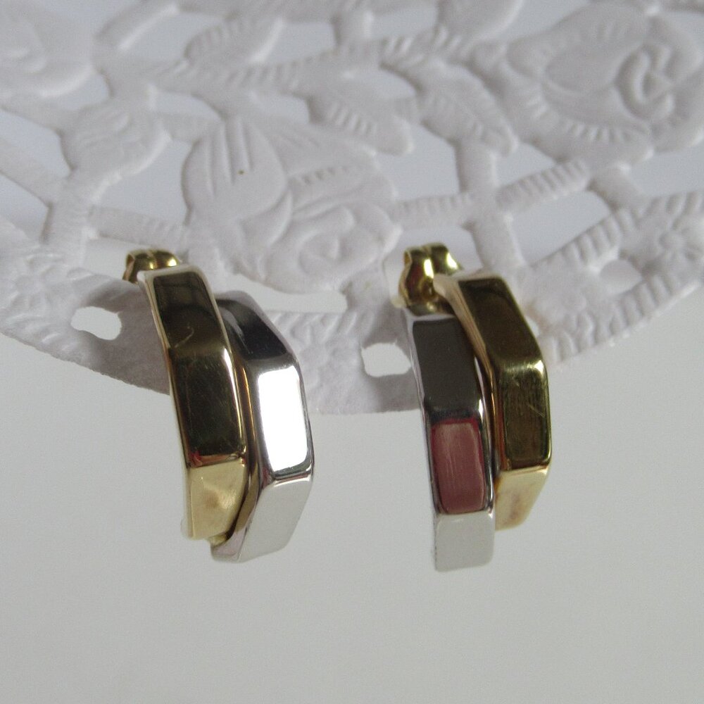 14k 2 tone, White & Yellow Gold Stud Earrings, 1/2 Octagon, Art Deco